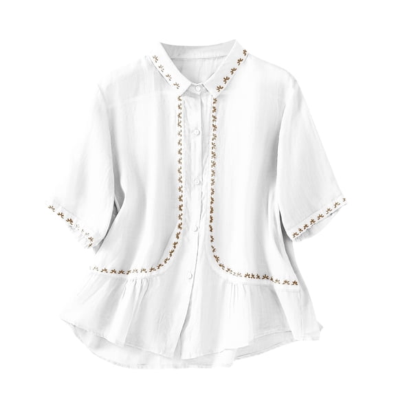 Women's Embroidered Tops Button down Short Sleeve Shirts Causal Summer Solid Color Blouses Floral Loose Soft Tees (XL, White)