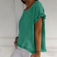 thumbnail image 3 of Danhjin Linen Half Sleeve Shirts For Women Round Neck Solid Color Tops Summer Shirts Ruffle Pleated Hem Casual Comfy Daily Basic Tops, 3 of 8