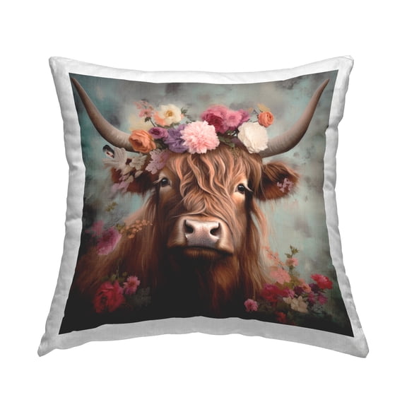 Stupell Industries Detailed Cattle & Floral Garland Decorative Printed Throw Pillow, 18 x 18