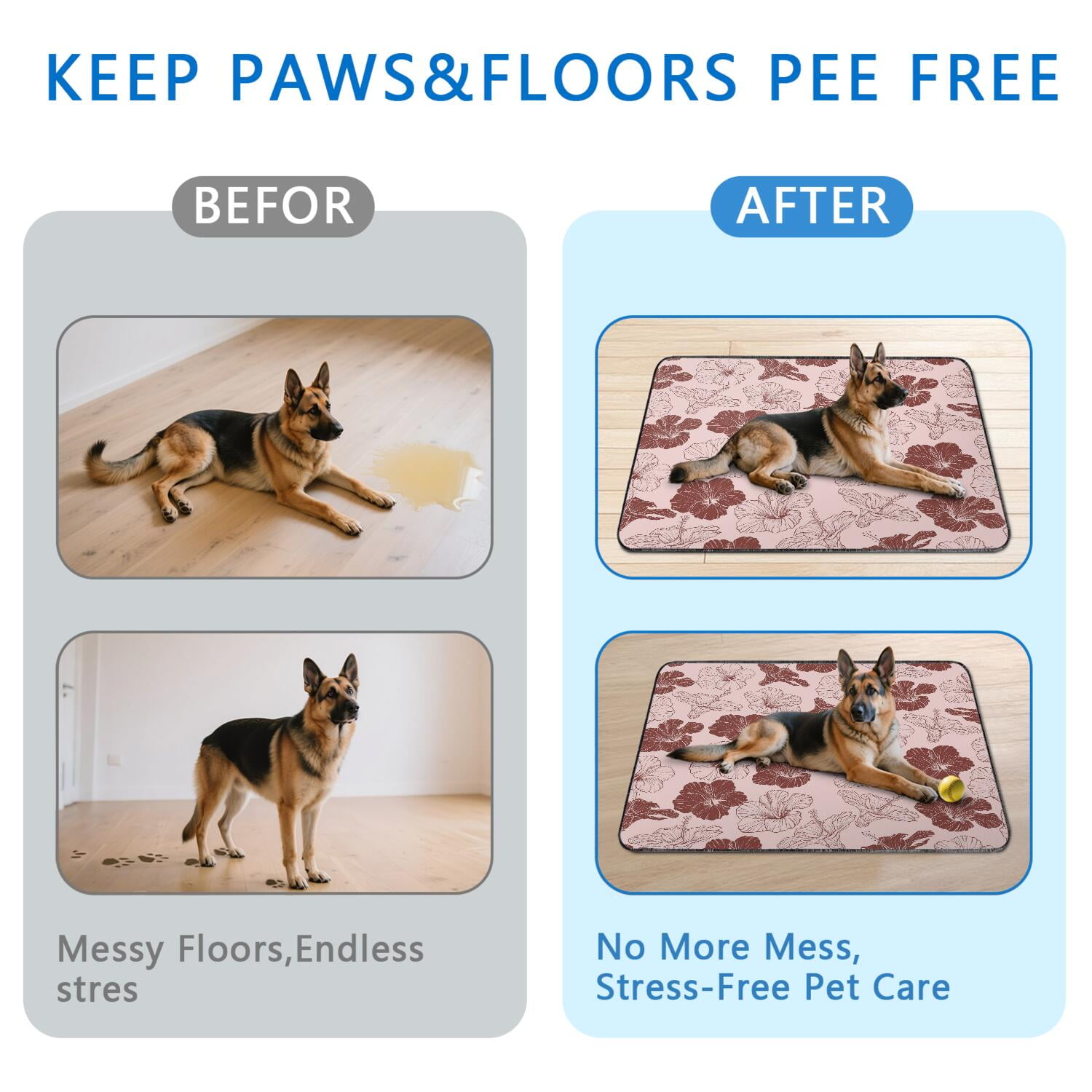 2-Count Extra Large Floral Design Pet Training Mats, Washable Reusable Dog Pee Pads 48x48 Inches, Non-Slip Housebreaking Pads for Large Breed Puppy Indoor Potty Area