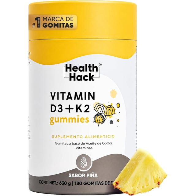 Vitamina D3 K2 Gomitas Health Hack con CoQ10 Magnesio y Aceite de Coco Sabor Piña 180 Gomitas