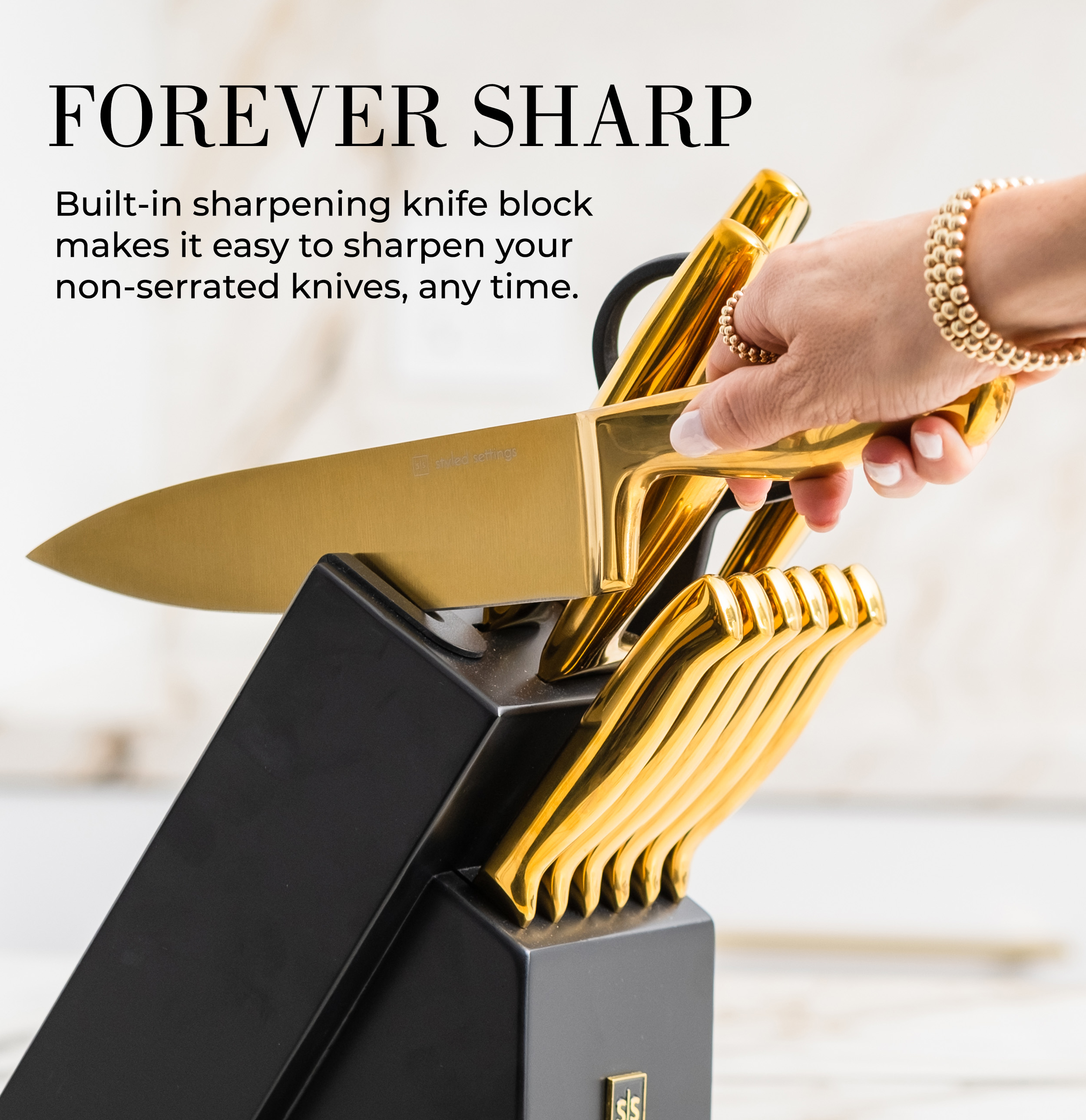 Black and Gold Knife Set with Block - 14 Piece Gold Knife Set with Sharpener Includes Full Tang Gold Knives and Self Sharpening Knife Block Set - Black and Gold Kitchen Accessories, Gold Kitchen Deco