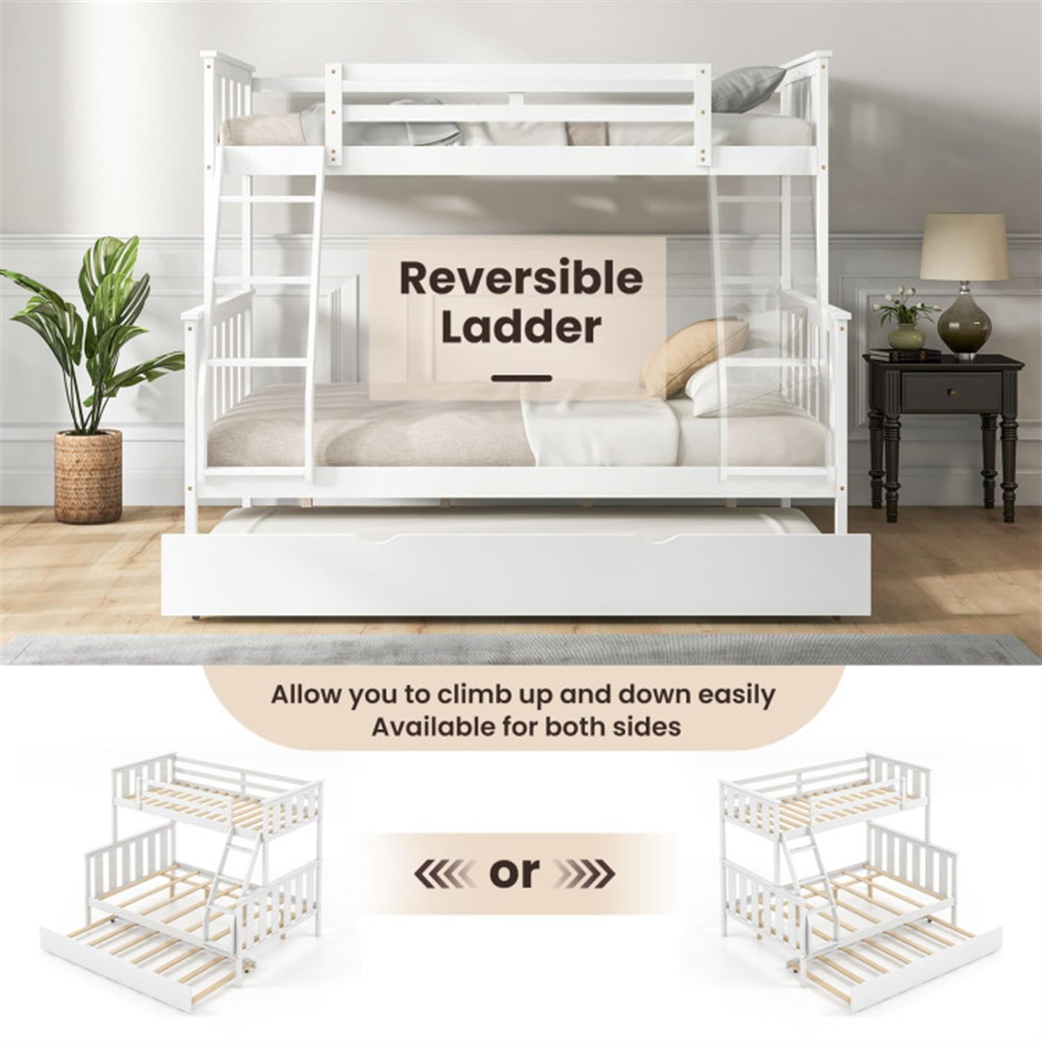 Demi Bonn 3-in-1 Twin Over Full Bunk Bed with Trundle and Ladder, Twin Bunk Beds, Bunk Beds, White