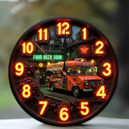 Vintage Neon Clock Food Truck Beer Sour Art Print 10 Inch Silent Wooden Wall Clock, Battery photo Vintage Neon Clock Food Truck Beer Sour Art Print 10 Inch Silent Wooden Wall Clock, Battery image