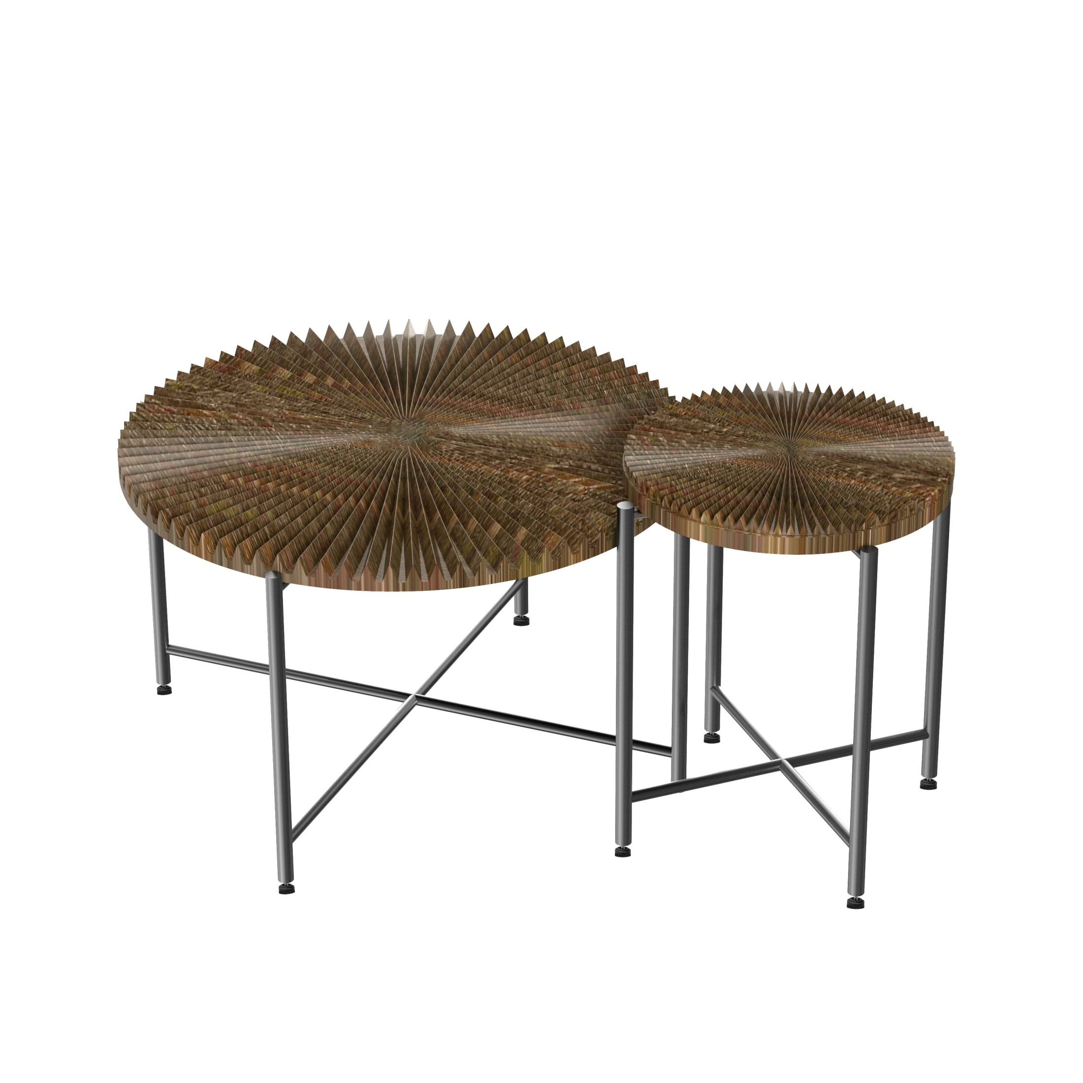 GDF Studio 2-Piece Rustic Coffee and End Table Set, Radial Pattern Tabletops, Black Metal Legs, Walnut Brown
