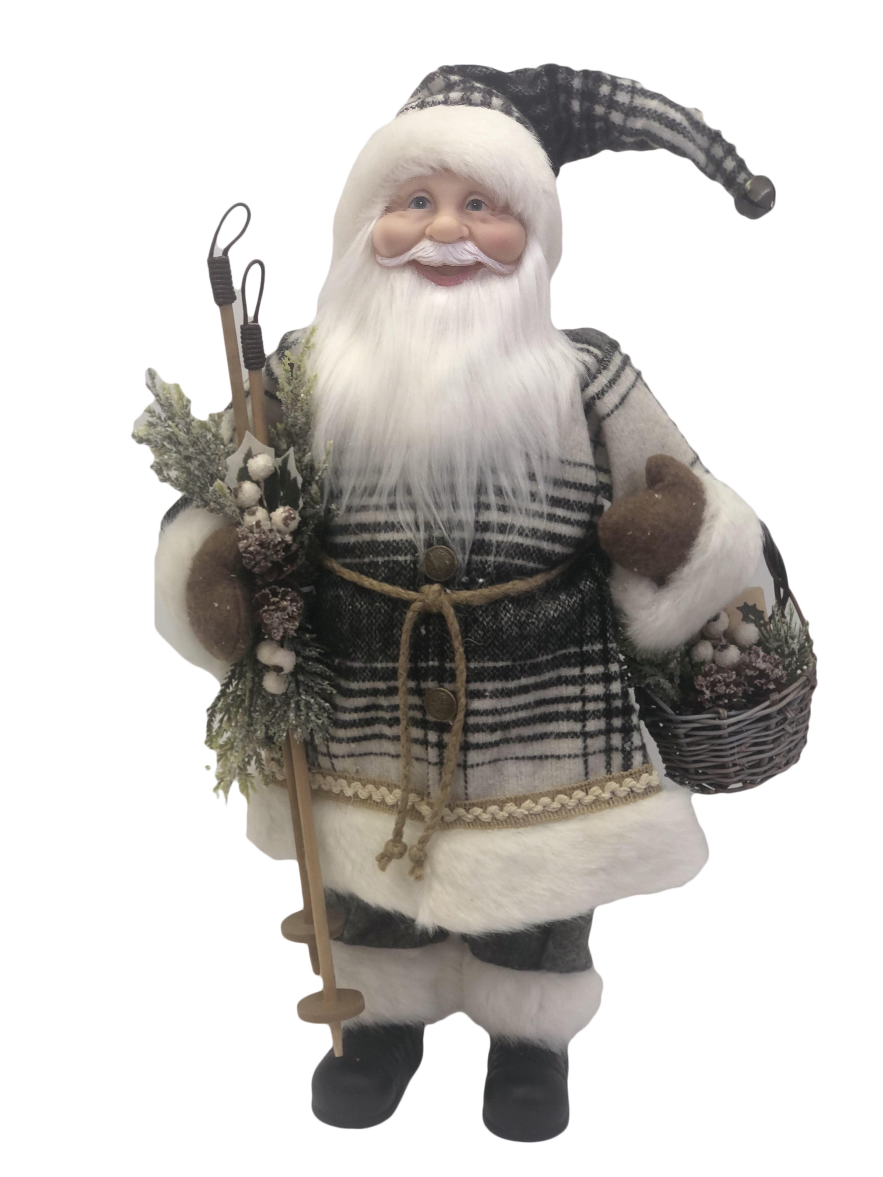 Holiday Time Santa in Black & White Coat with Basket & Ski Poles Indoor Decor, 18"