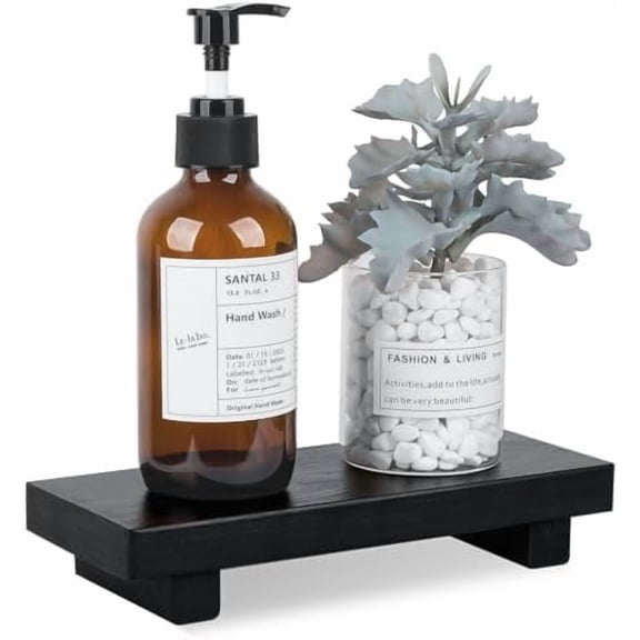 Bathroom Counter Organizer Wood Pedestal Stand Farmhouse Decorative Tray Soap Holder for Kitchen Decor, Small, Black