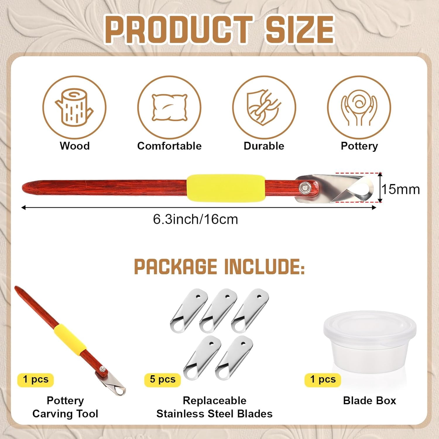 ABCISI Pottery Carving Tools Set Include 5 Stainless Steel Blades & Red Pear Wood Handle, Sculpture Scraper Craft Modelling Tools for Clay, Ceramic Sculpting, Graffito, Relief Art(U-tip)