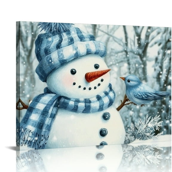 ZFLMY Snowman Bird Winter Print On Canvas Christmas Wall Art Decor for Home Living Room Bedroom Kitchen Office Salon Bar, Ready To Hang Room Home Art Decor 16x12in
