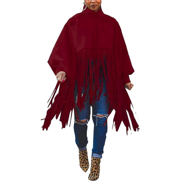 Poncho tipo jersey con borlas y cuello alto y manga larga para mujer, talla grande