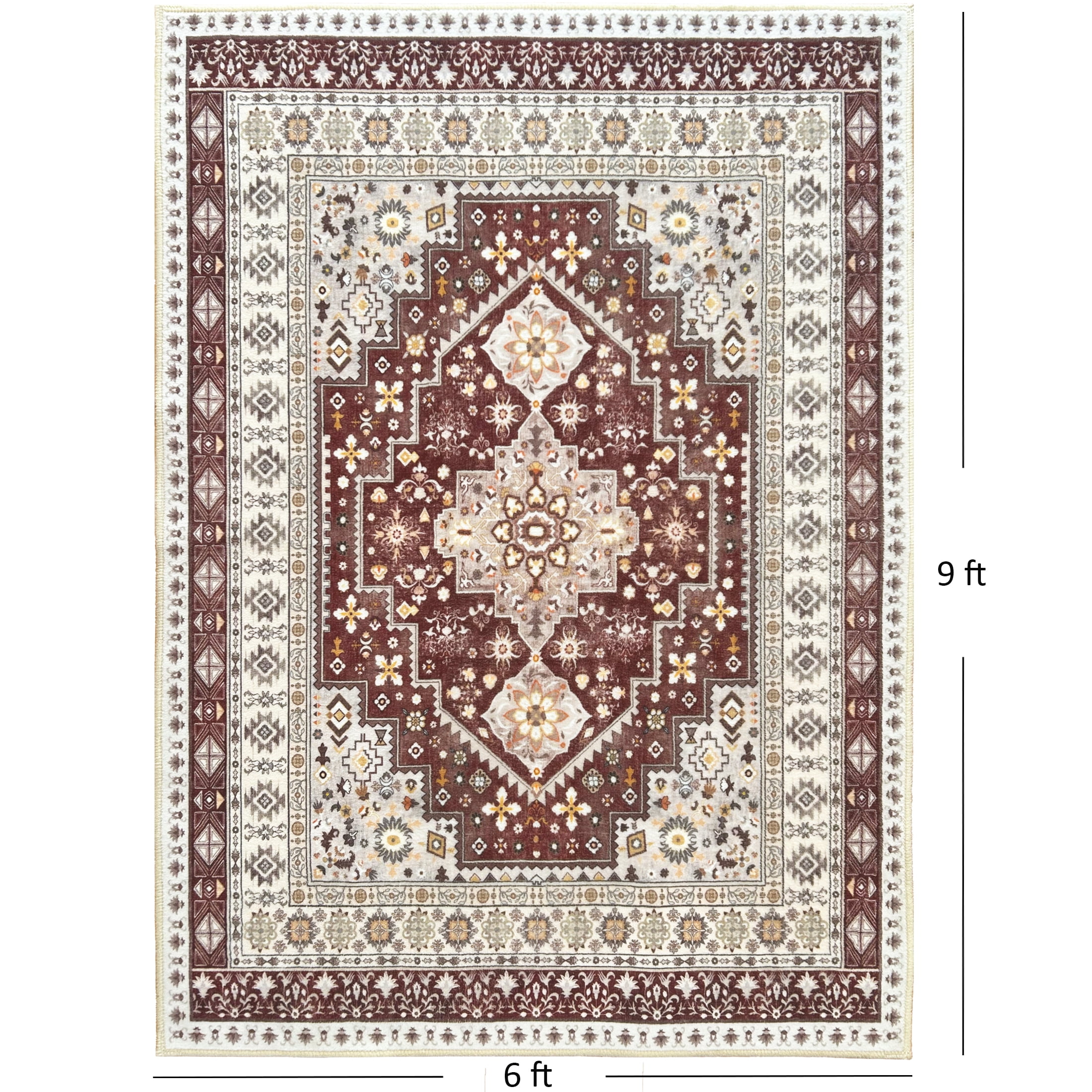 ARJINCUTE Vintage Distressed Bohemian Brown Area Rug 6' x 9' Non-Slip Washable Low Pile Floor Mat for Living Room Dining Room Bedroom