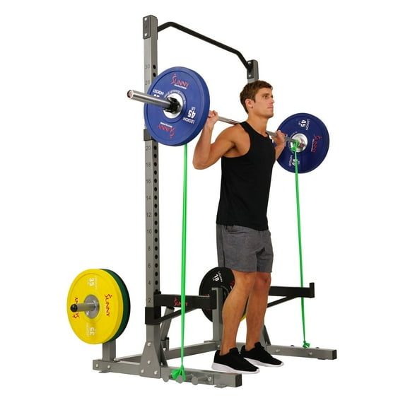 Sunny Health & Fitness Power and Squat Rack with High Weight Capacity, Olympic Weight Plate Storage and 360° Swivel Landmine and Power Band Attachment