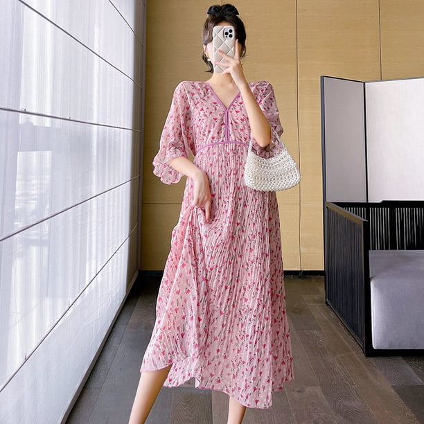Vestido de maternidad de moda de verano 2024 con falda plisada floral de longitud media y sentido suelto de gasa, falda larga y manga corta