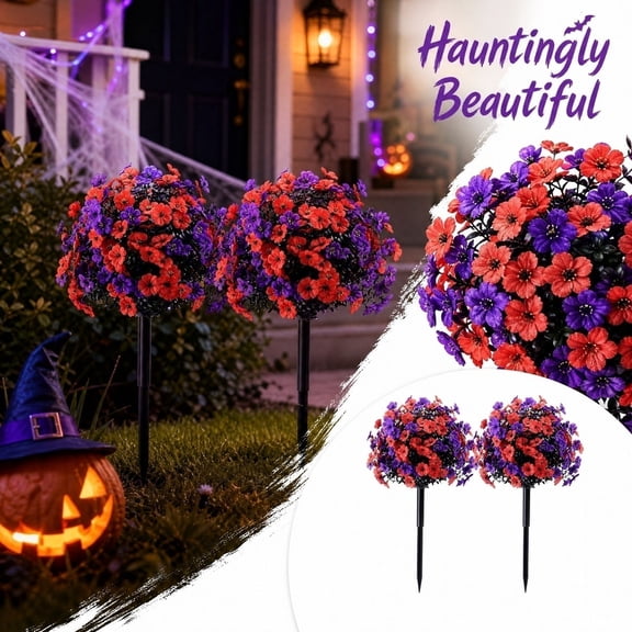 2PCS Halloween Artificial Flower Ball Ground Stakes Multi-Color Mixed Faux Floral Plant Yard Stakes Spooky Outdoor Lawn Garden Pathway Decor