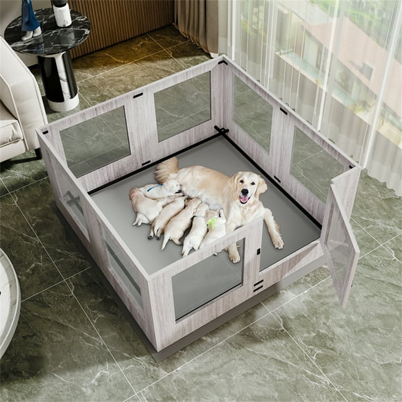 Wisfor Wooden Dog Whelping Box: Large Indoor Tempered Glass Puppy Playpen Safe Pet Whelping Pen Box Pet Birth Fence with Protective Ledge and Waterproof Pad (H60cm x W120cm x D 118cm)
