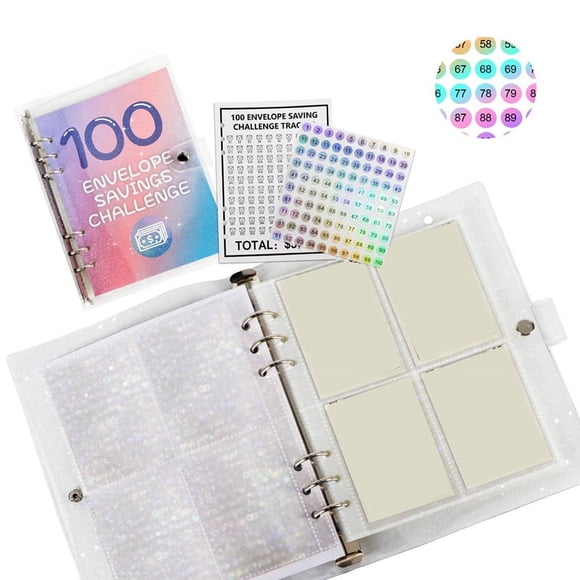 100 Envelopes Money Saving Challenge, PU Leather 100 Envelope Challenge Binder, Easy and to Save-A,1 x 100 envelope challenge leather(1PCS glitter cover +25PCS laser pages),Multicolor