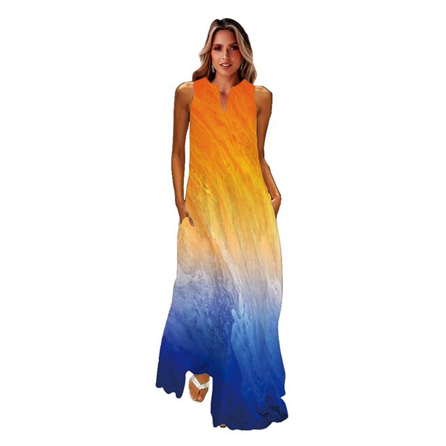 MOVOKAKA Ladies Spring Summer Long Dress Women Sleeveless V-neck Loose Elegant Dresses Party Printing Vintage Beach Dress Female5XL Gao Jinjia LED