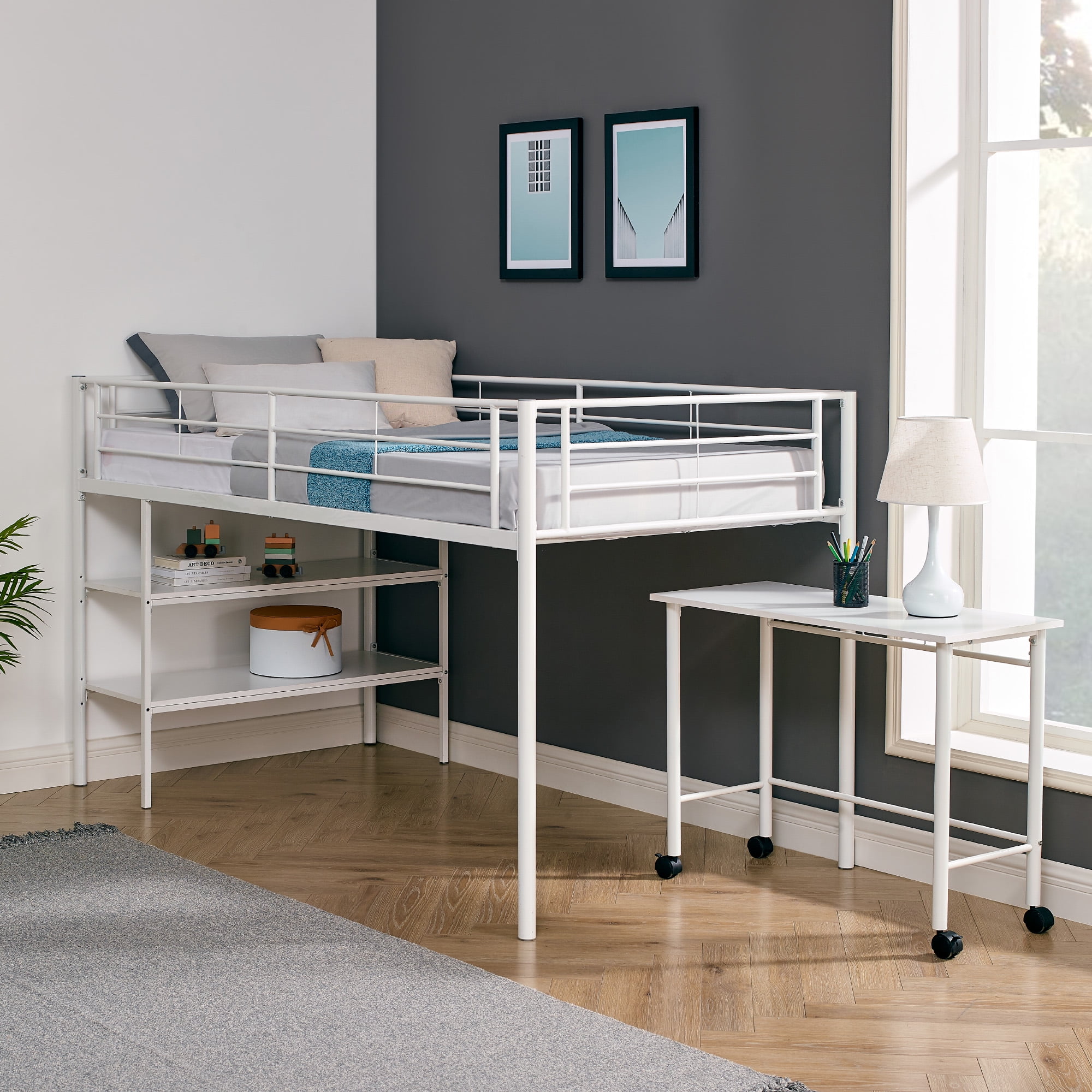 Walker Edison Twin Metal Loft Bed With, Metal Loft Bed With Desk And Shelves