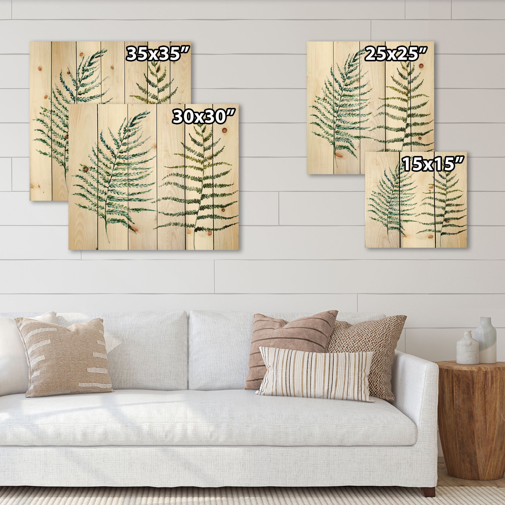 Designart 'Two Fern Leaves On White' Farmhouse Print on Natural Pine Wood