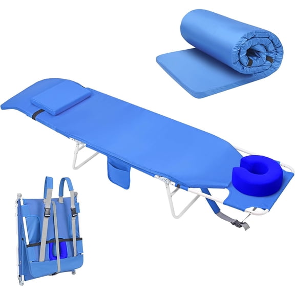 3 in 1 Women's Comfort Backpack Tanning Beach Chair with Face Hole Padded Adjustable Cushion Portable Folding Reclining Lounge Sun Chair 6 Position Royal Blue Classic