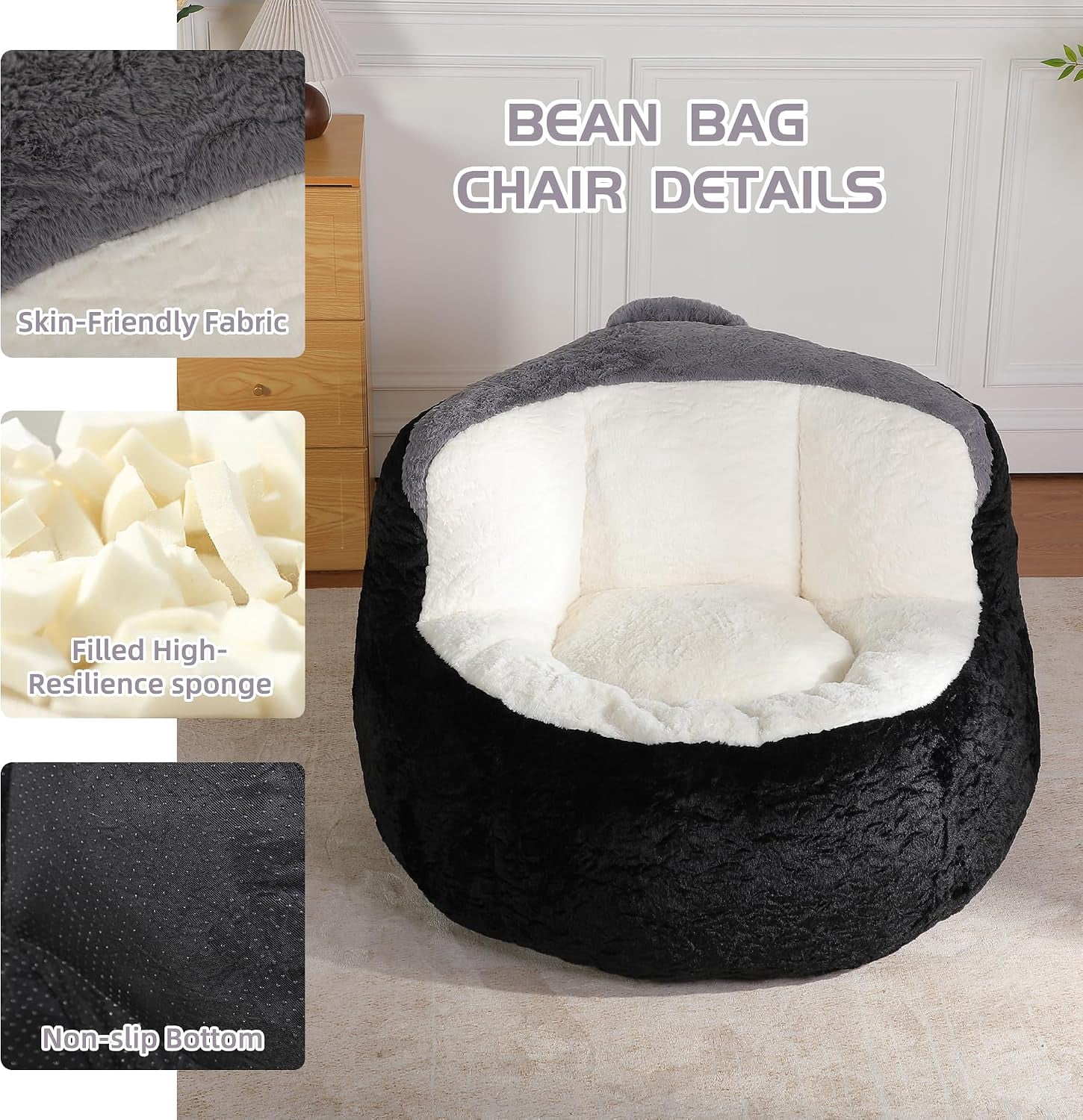 Large Plush Bean Bag Chair, High‑Density Memory Foam Bean Bag Sofa with Non‑Slip Bottom for Adults Kids Teens