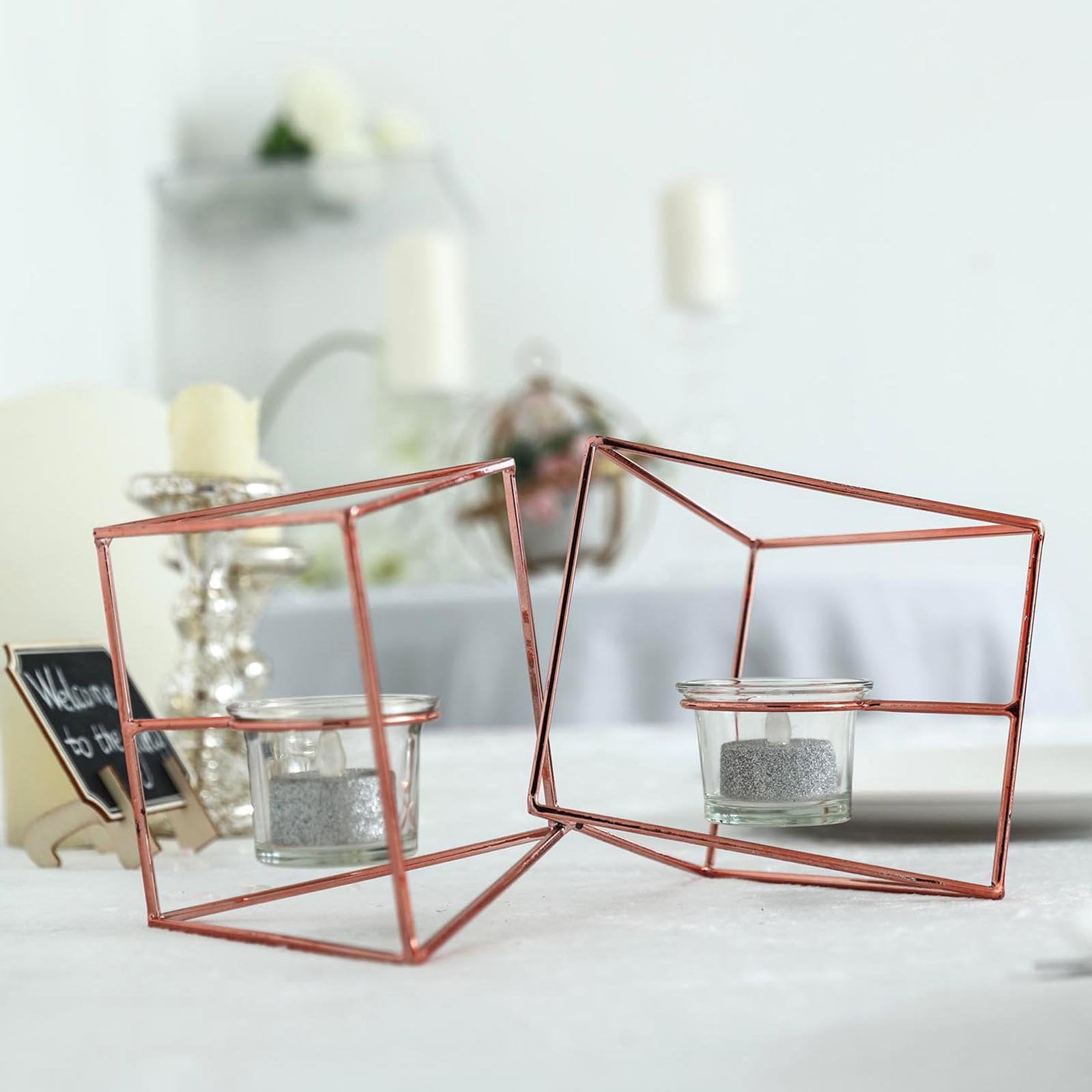 9" Rose Gold Geometric Candle Holder Set 2 Metal Geometric