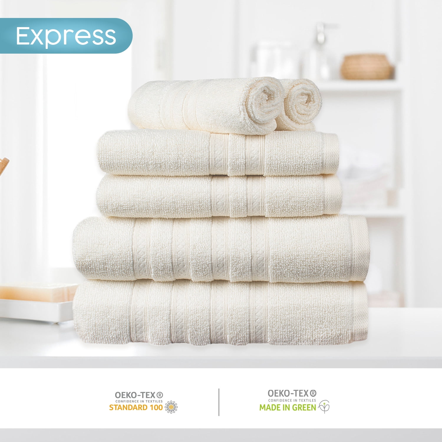 Express Solid 100% Cotton 520 GSM 6 Piece Bath Towel Set, Soft & Absorbent, Quick Dry, Size 27x54 Inches, Durable Everyday Use, Ivory, OEKO-TEX® Certified