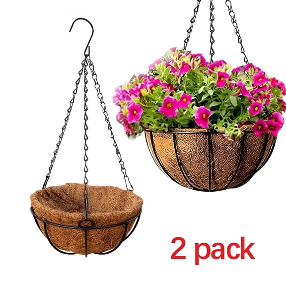ACDANC Hanging Baskets for Plants Outdoor,Hanging Planter,14 Inch Large Hanging Planter,with Coco Liner Pot & Water Storage Tray - with Black Chain,Hanging Basket for Outdoor (2 Pack)