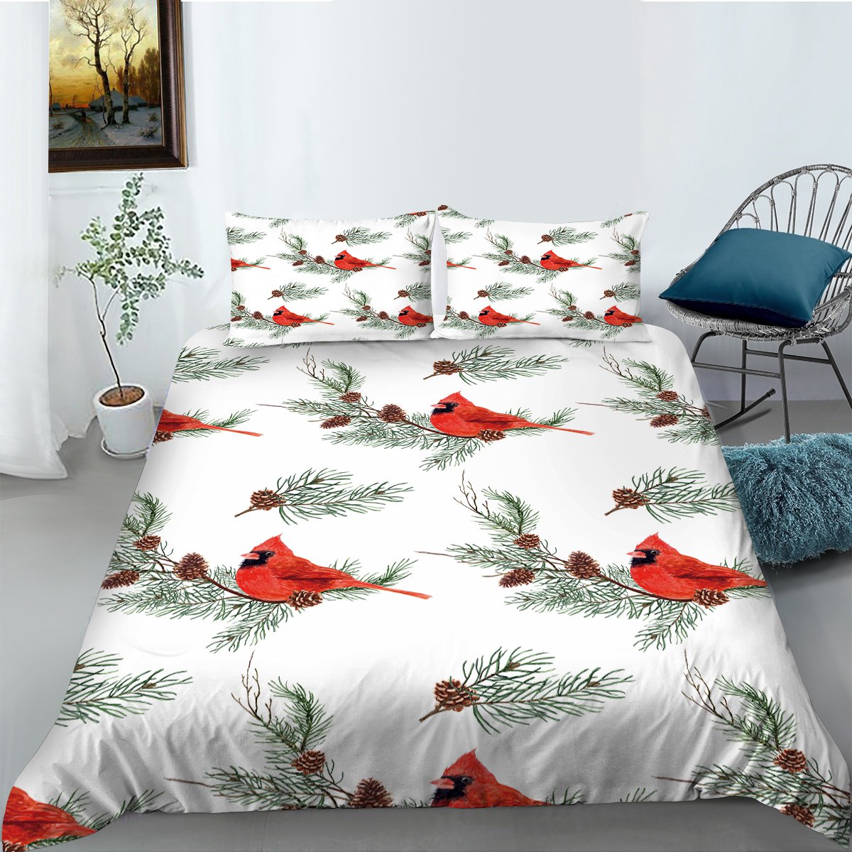 Red Birds Bedding Set，Winter Landscape Cardinals Bedding for Boys Girls