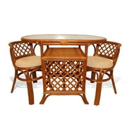 SK New Interiors Dining Furniture Borneo Set of 2 Natural Rattan Chairs w/Cream Cushion and Oval Table w/Glass, Colonial