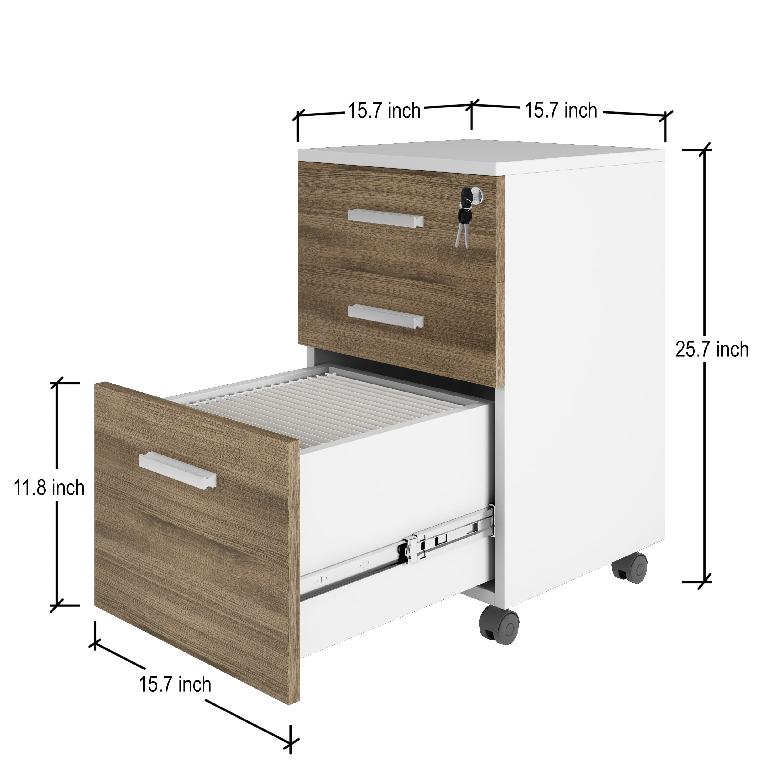 Modern Designs by Crafts and Comfort Lazio File Cabinet 3 Drawers with Lock - Great for Home and Office Use, Wheels and Fits Under Desks – Walnut / White Height 26 Inches