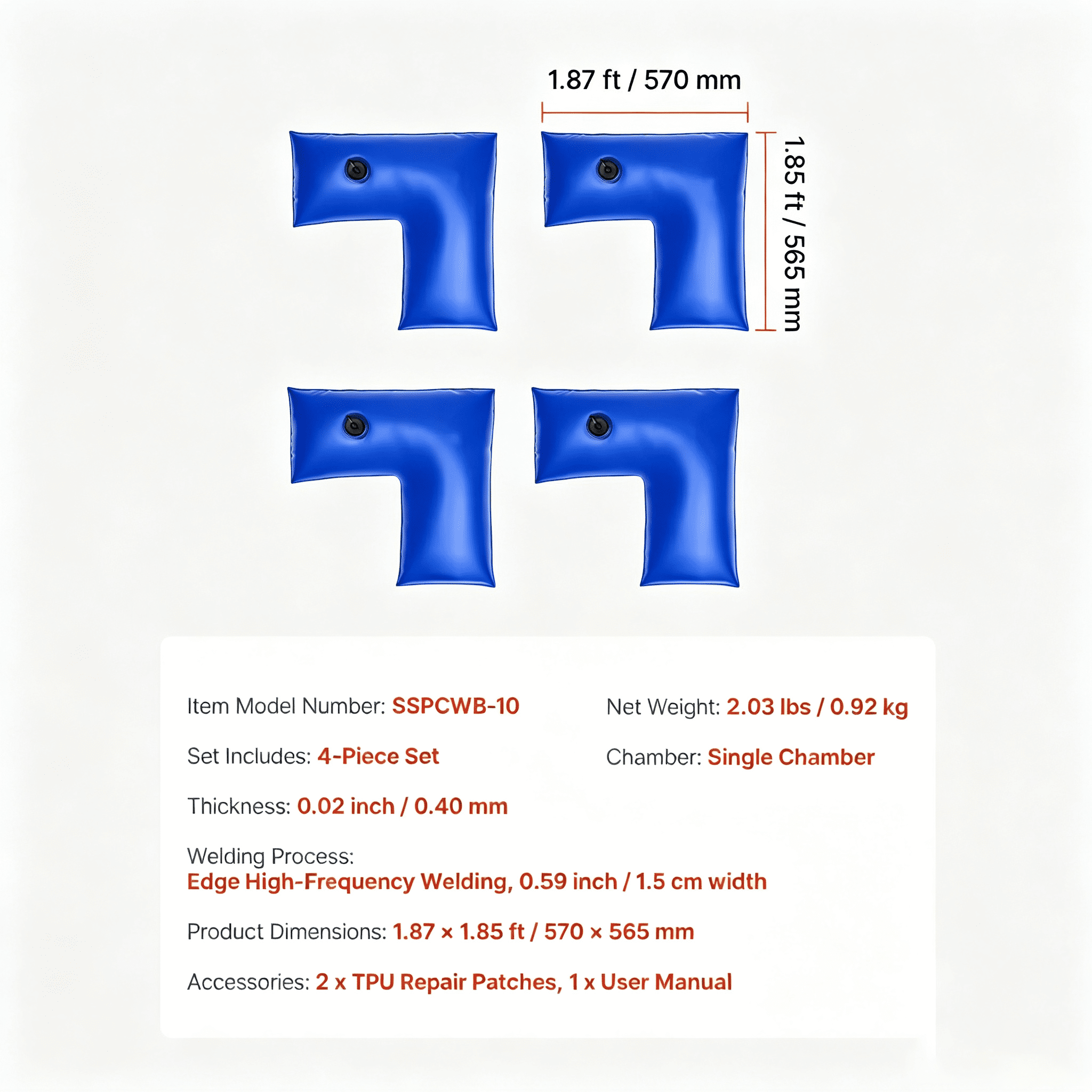 Pool Cover Water Bags 4-Pack, Corner Design 2x1.85 ft, Thickened 0.4mm PVC with Welded Edges, Twist-Seal Leakproof Cap, Single-Chamber for Winter Pool Cover Anchoring