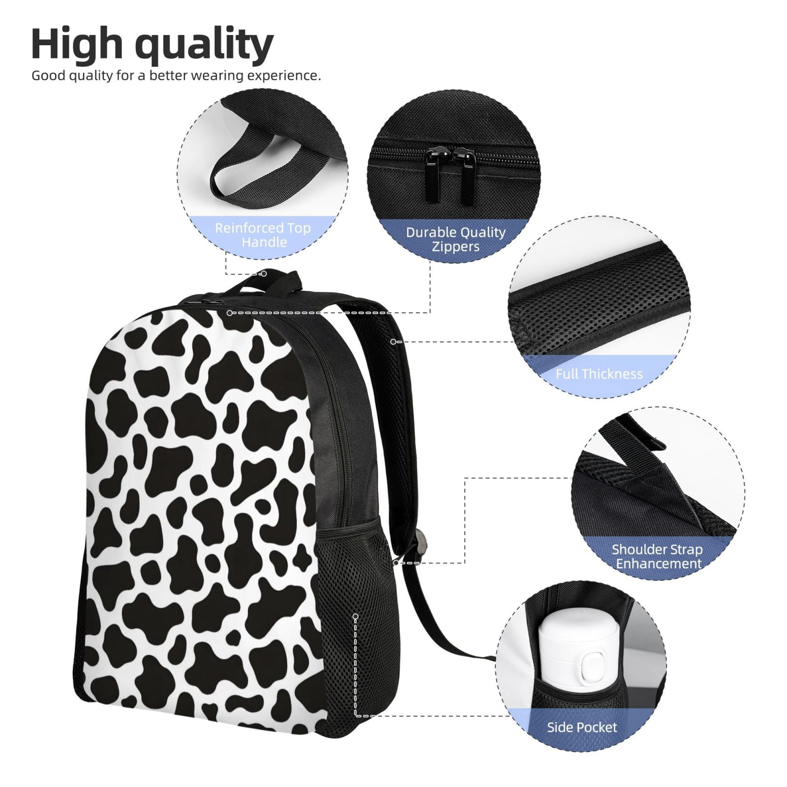 Single Side Full Backpack 16.1×11.8×4.5in Large Capacity Breathable Shoulder Belt Leisure Simple And Strong Bearing Capacity Black White Cow Print