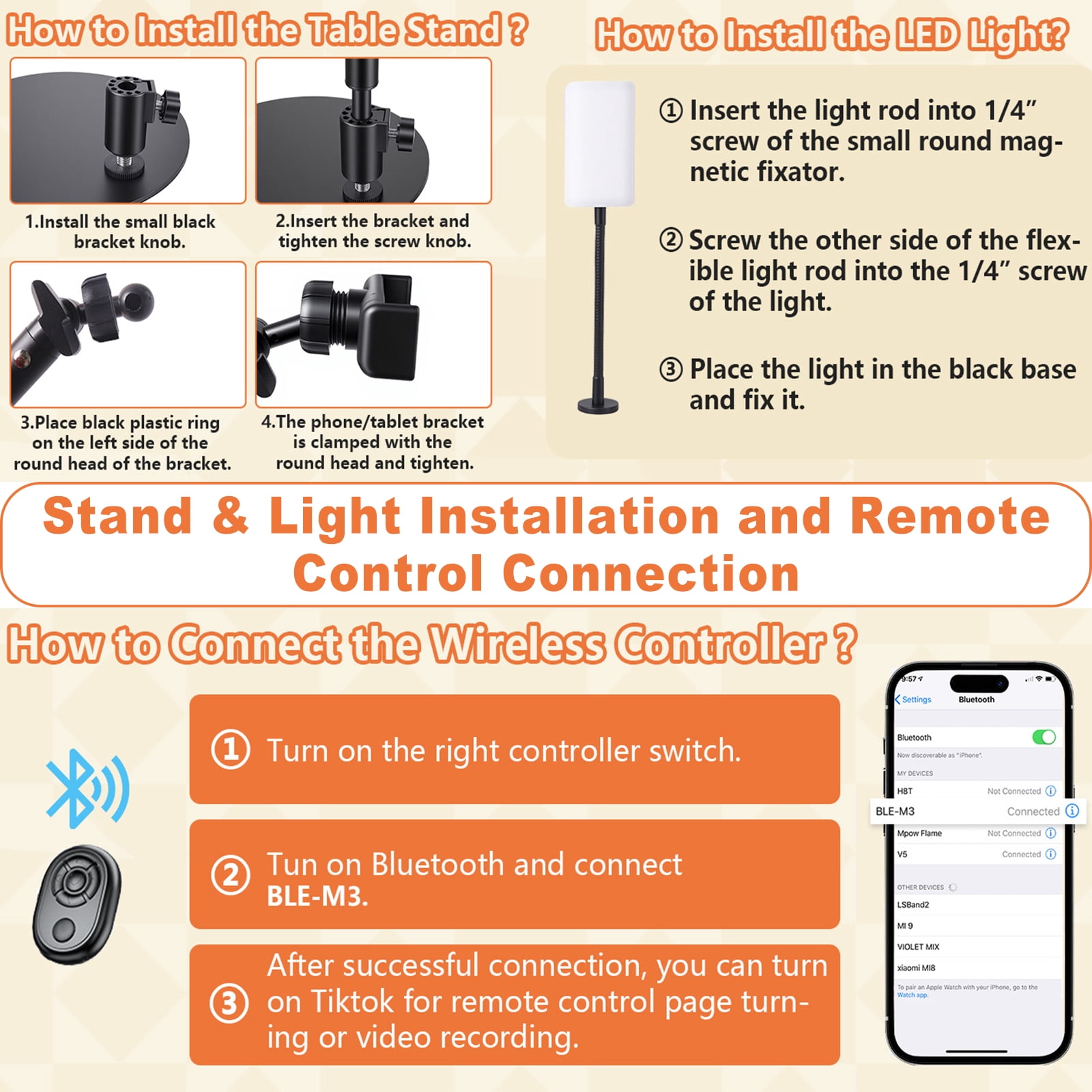 HAARAY Overhead Phone Mount with 1800mAh Magnetic Rechargeable Light for Desk, 90 LED Dimmable Selfie Light with 3-Stage Adjustable Stand & Remote, Phone Tablet Stand for Video Recording, Live Stream