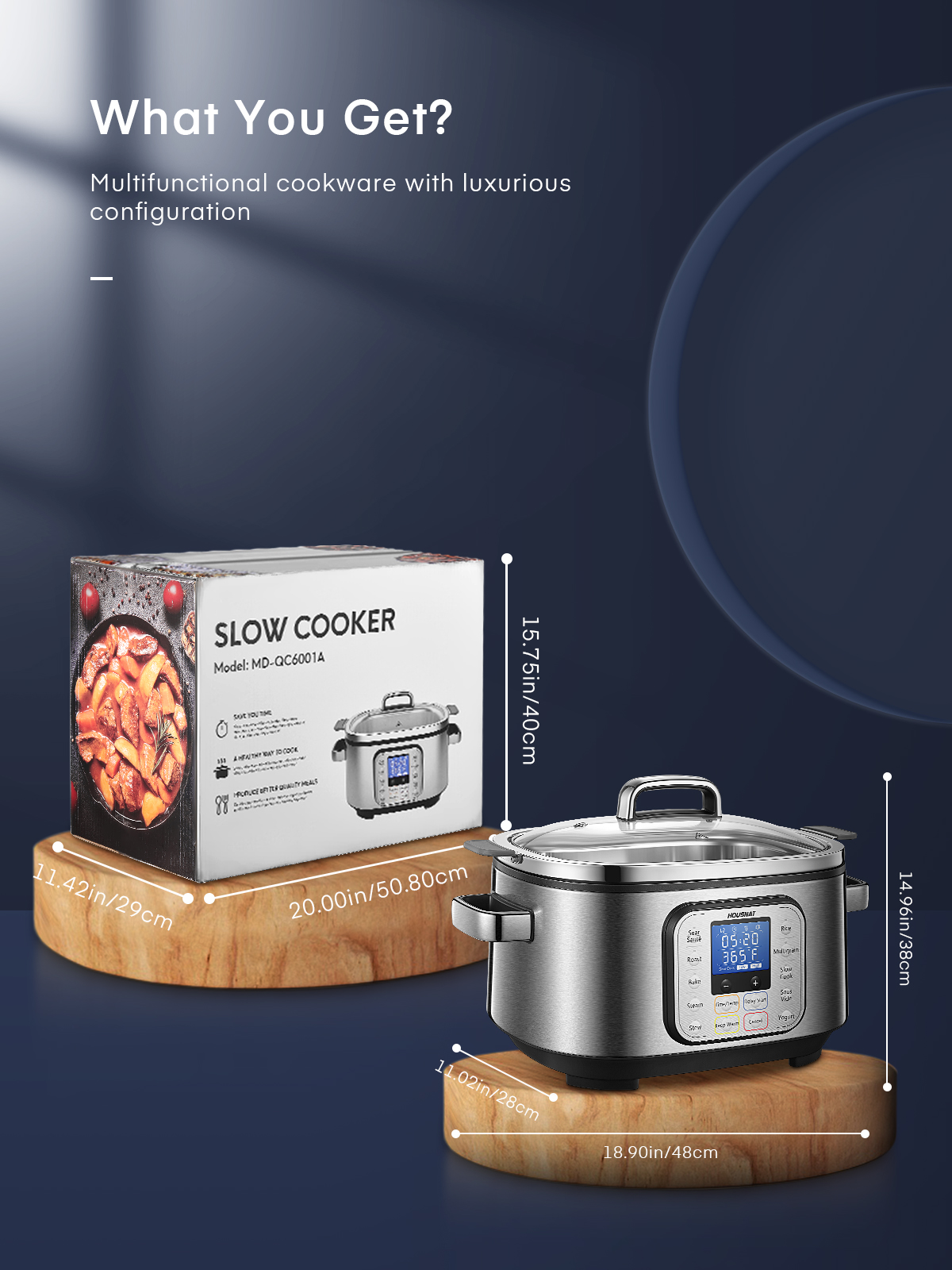 Slow Cooker, HOUSNAT 10 in 1 Programmable Cooker, 6Qt Stainless Steel, Rice Cooker, Yogurt Maker, Delay Start, Steaming Rack and Glass Lid, Adjustable Temp&Time for Slow Cook with Digital Timer - image 3 of 6