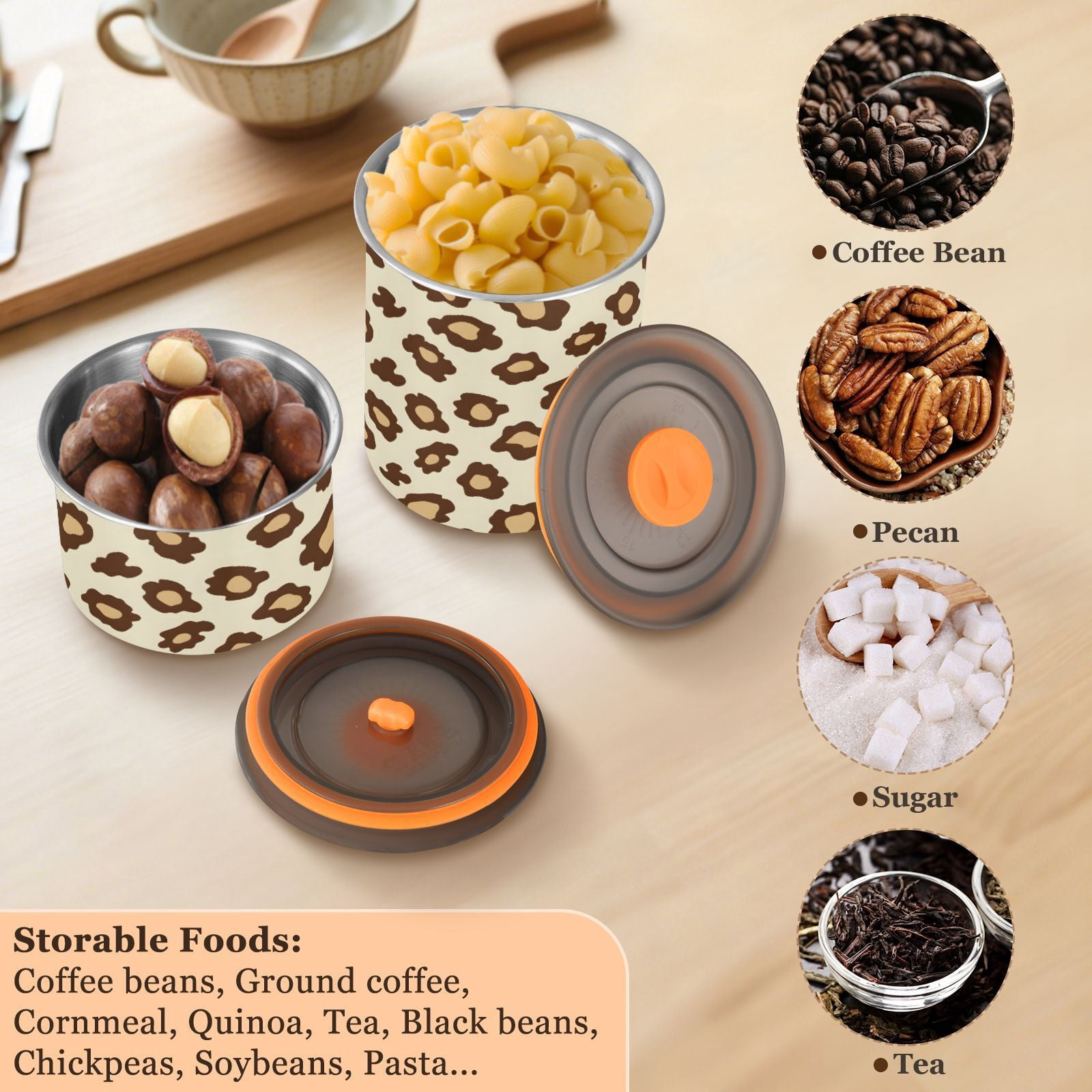 Off White Cheetah Leopard Print Airtight Coffee Bean Canister 30oz Food Storage Containers with Lids For Gournd, Tea, Sugar, Flour, Rice, Cereal, Candy Cookie Jar
