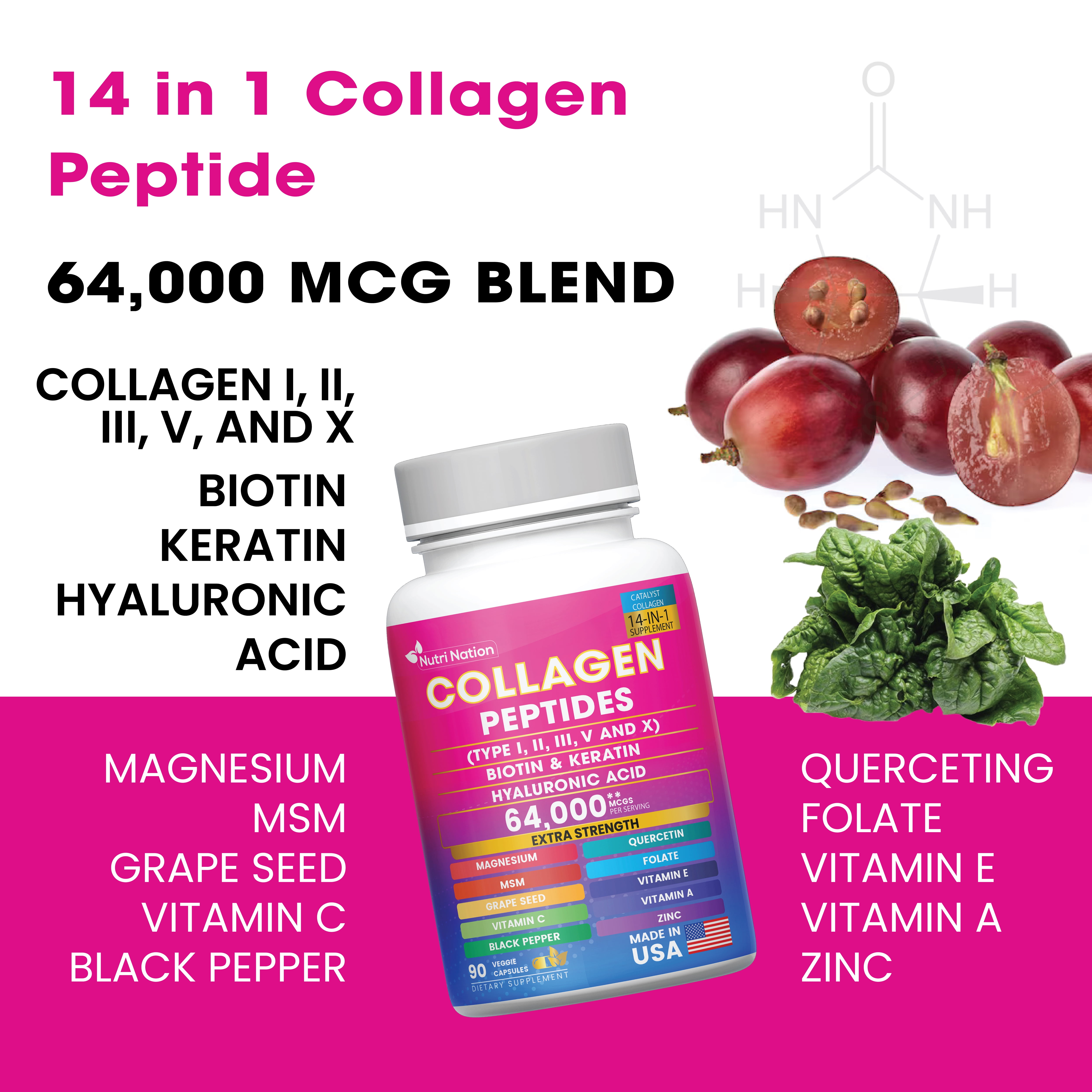 Nutri Nation Collagen Peptide Capsules for Skin, Hair, Nails, Type I, II, III, V & X, 90 Count