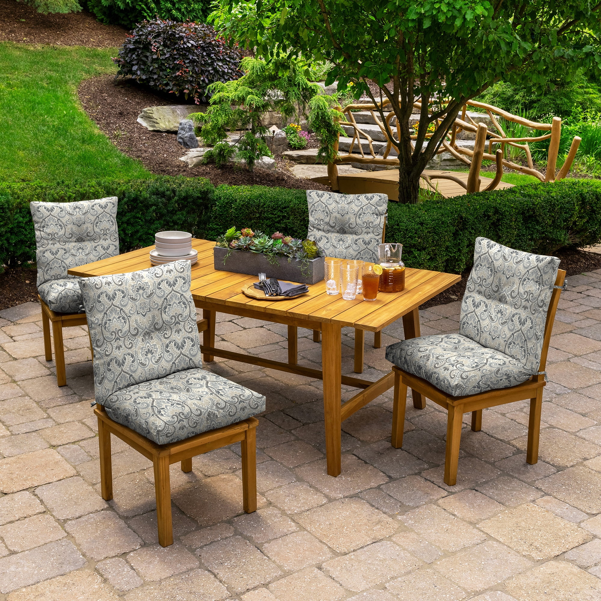 ARDEN Outdoor Plush Modern Tufted Blowfill Dining Chair Cushion, 21 x 40, Water Repellent, Fade Resistant, Tufted Cushion for Dining and Bistro Chairs, Neutral Aurora Damask
