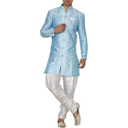 

Royal Kurta Men s Jacquard Silk Floral Print Indowestern Sherwani Sky Blue