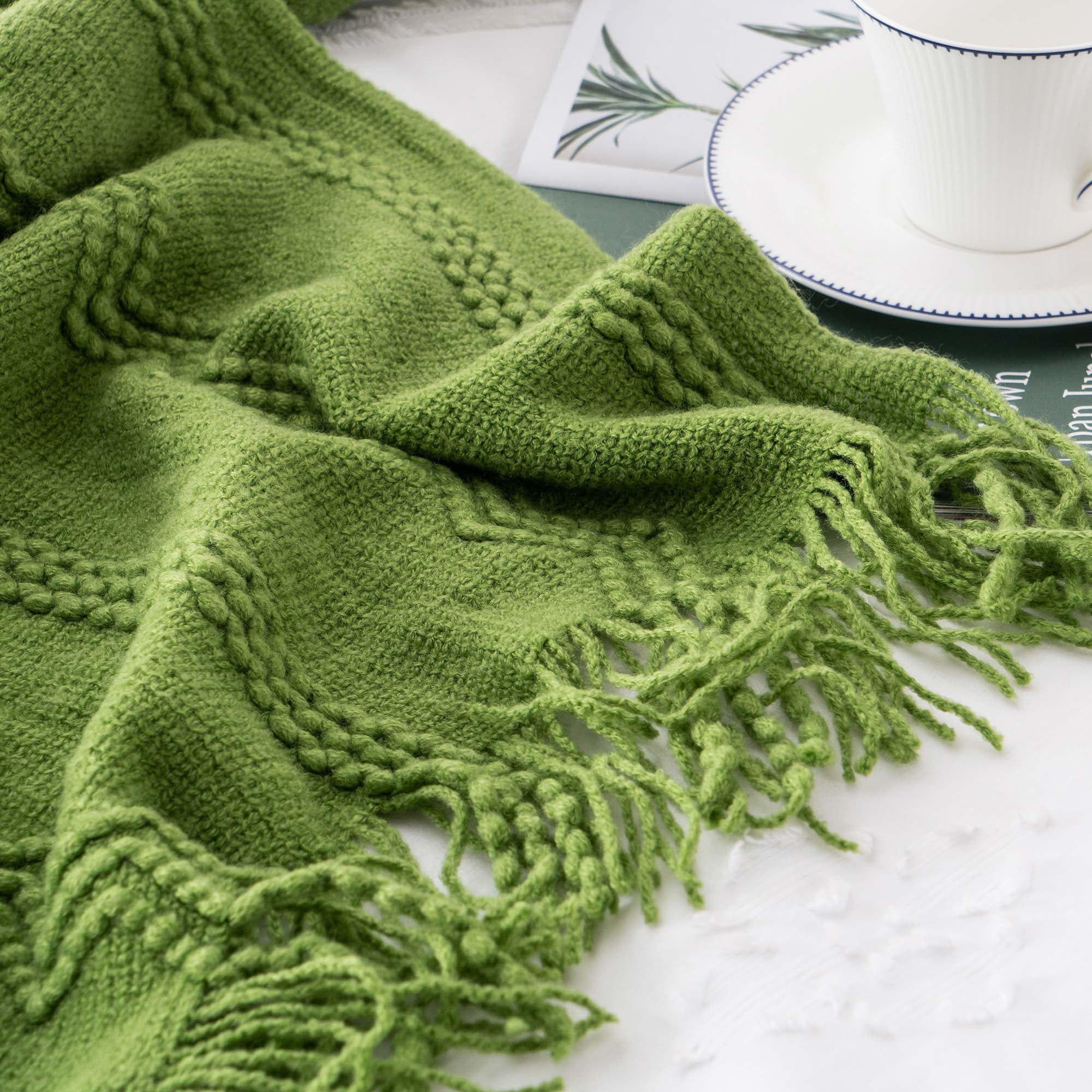 Battilo Green Throw Blankets,Lightweight Textured Knit Blanket with Tassels,Spring Throws,50"x60"