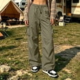 thumbnail image 2 of Huowey Womens Baggy Cargo Pants Wide Leg Hiking Pants With Pockets Drawstring Casual Daily Stylish Travel Bottoms,Green,L, 2 of 6