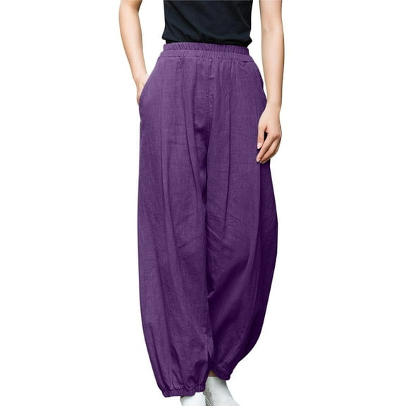 JGTDBPO Slim Linen Pants For Women High Elastic Waist Baggy Lounge Pants Ankle Banded Pants With Pockets Solid Color Sports Cotton Pants Athletic Fit Jogger Workout Bottom Trousers
