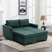 Elegant 2-Seat Sectional Sofa Couch with Dual Ottomans, Green, Non-Removable Linen Cushions - Perfect for Modern Living Spaces, Durable Rubberwood Frame