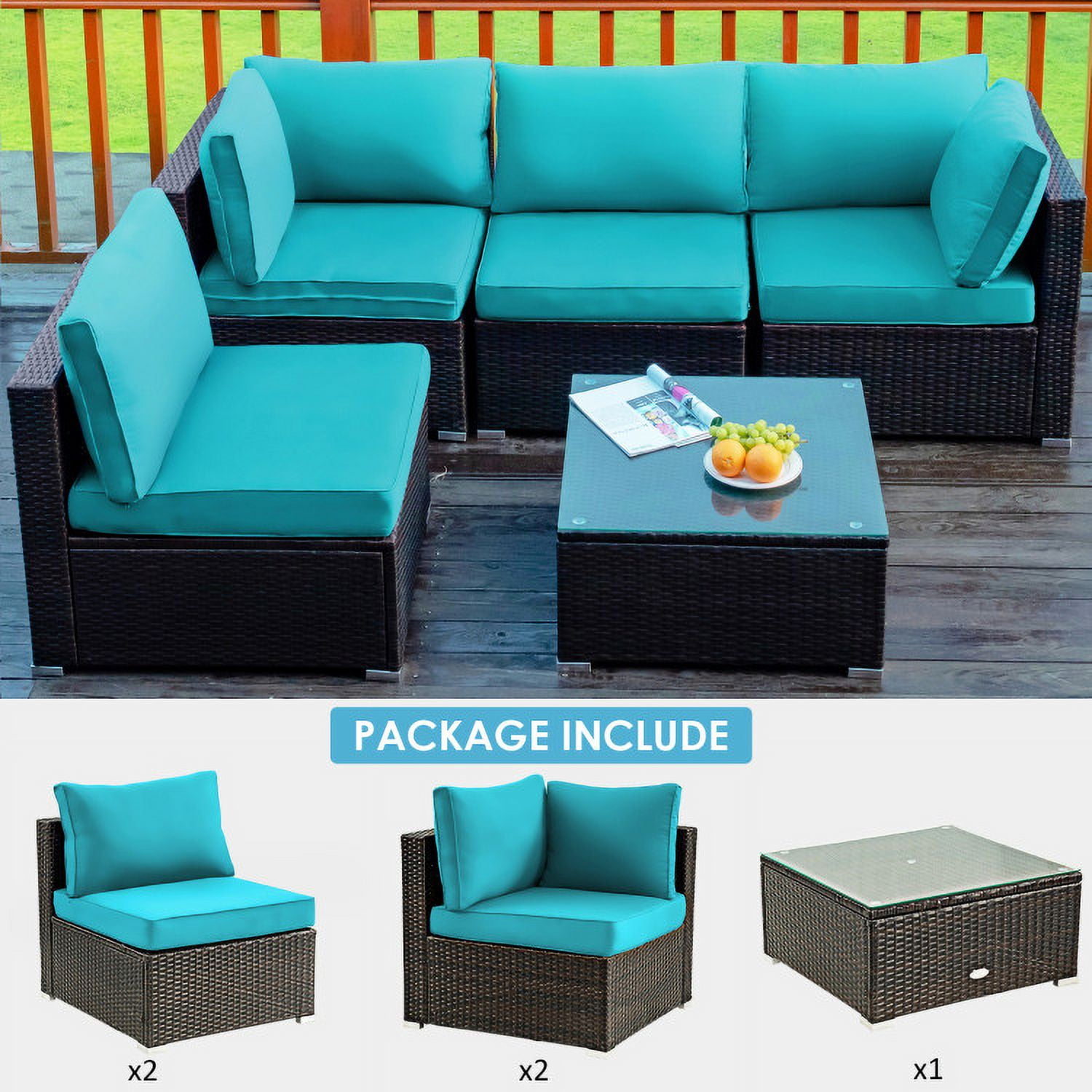 Aimee Lii 5 Pieces Cushioned Patio Rattan Furniture Set with Glass Table, Outdoor Patio Set, Turquoise Aimee Lii 5 Pieces Cushioned Patio Rattan Furniture Set with Glass Table, Outdoor Patio Set, Turquoise