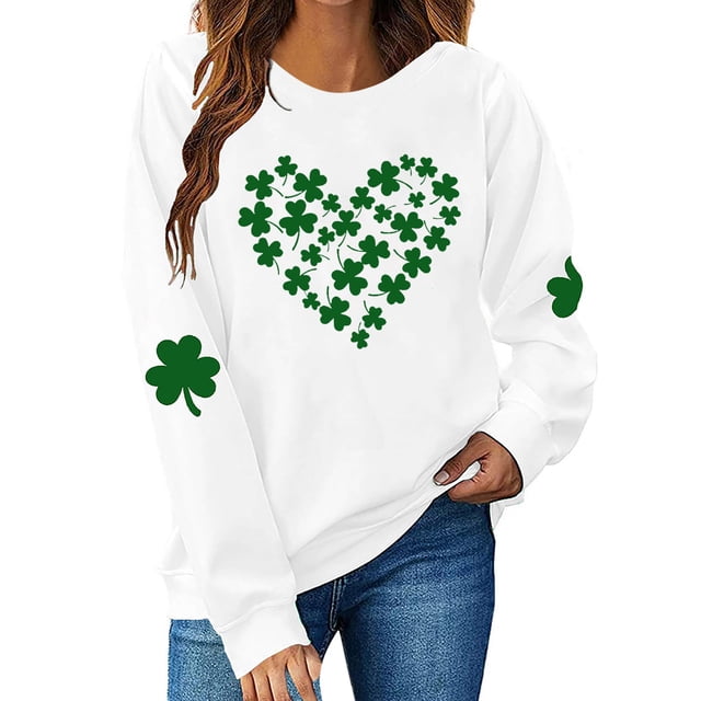 Besolor Chandail en Molleton pour Femmes St Patricks Day Trèfle Imprimé Manches Longues Pull Décontracté Col Rond Graphique