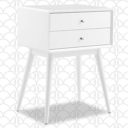 Elle Decor Stephanie Mid-Century Side End Table for Living Room, Nightstand with 2 Drawers, White