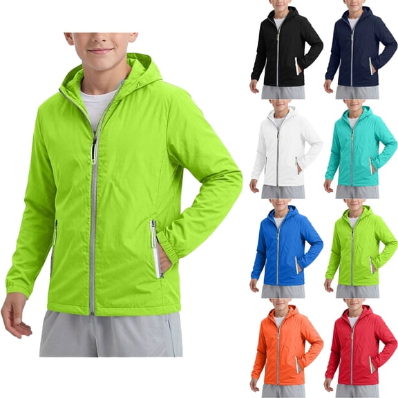DJDLJWCJ Boys Lightweight Jacket with Hood Long Sleeve Windbreaker Softshell Zip Up Jacket Solid Color Rain Jacket Green Size 11-12Years