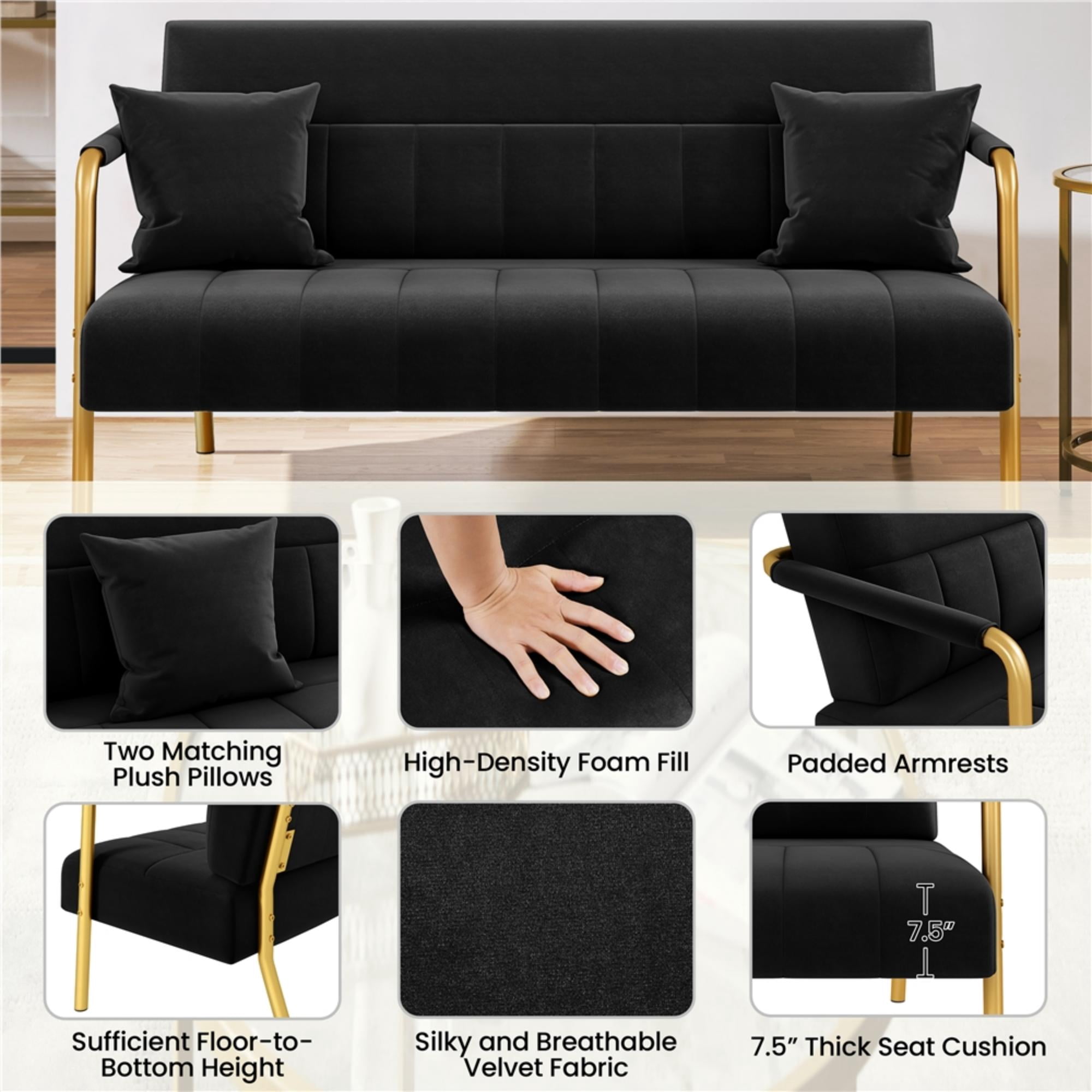 Renwick 56.5" W Upholstered Sofa Couch with Gold Tone Metal Arms and Legs, Black
