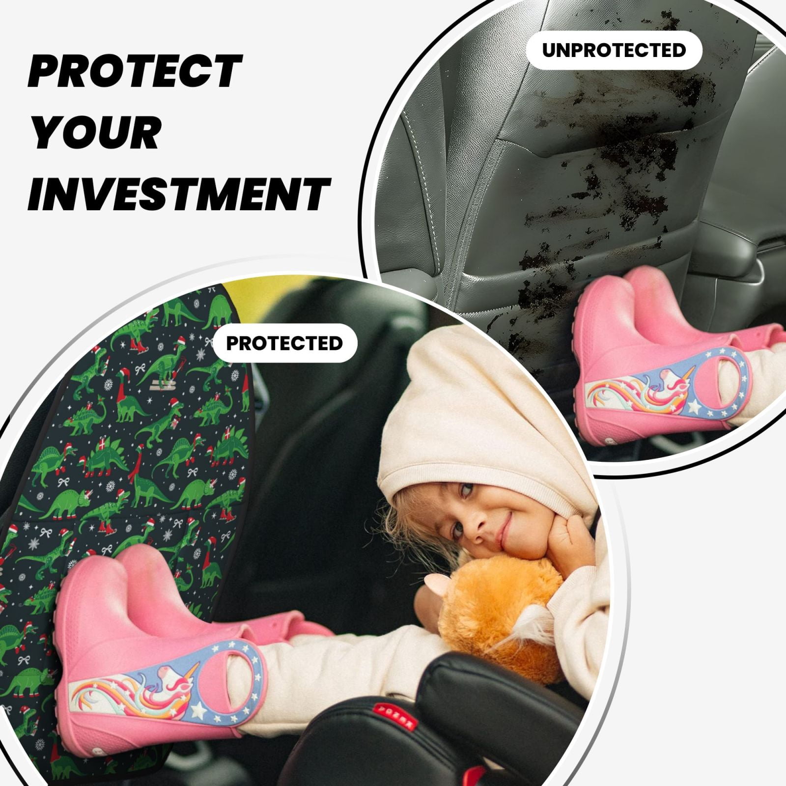 Kdxio Dino Christmas Party Print 2 Pack Car Kick Mat Seat Cover Back Protector Mat with Pockets for Organizer Backseat Protector and Storage Anti Kick Pad for Vehicles