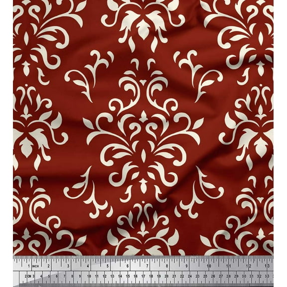 Soimoi Red Cotton Duck Fabric Filigree Damask Decor Fabric Printed Yard 42 Inch Wide